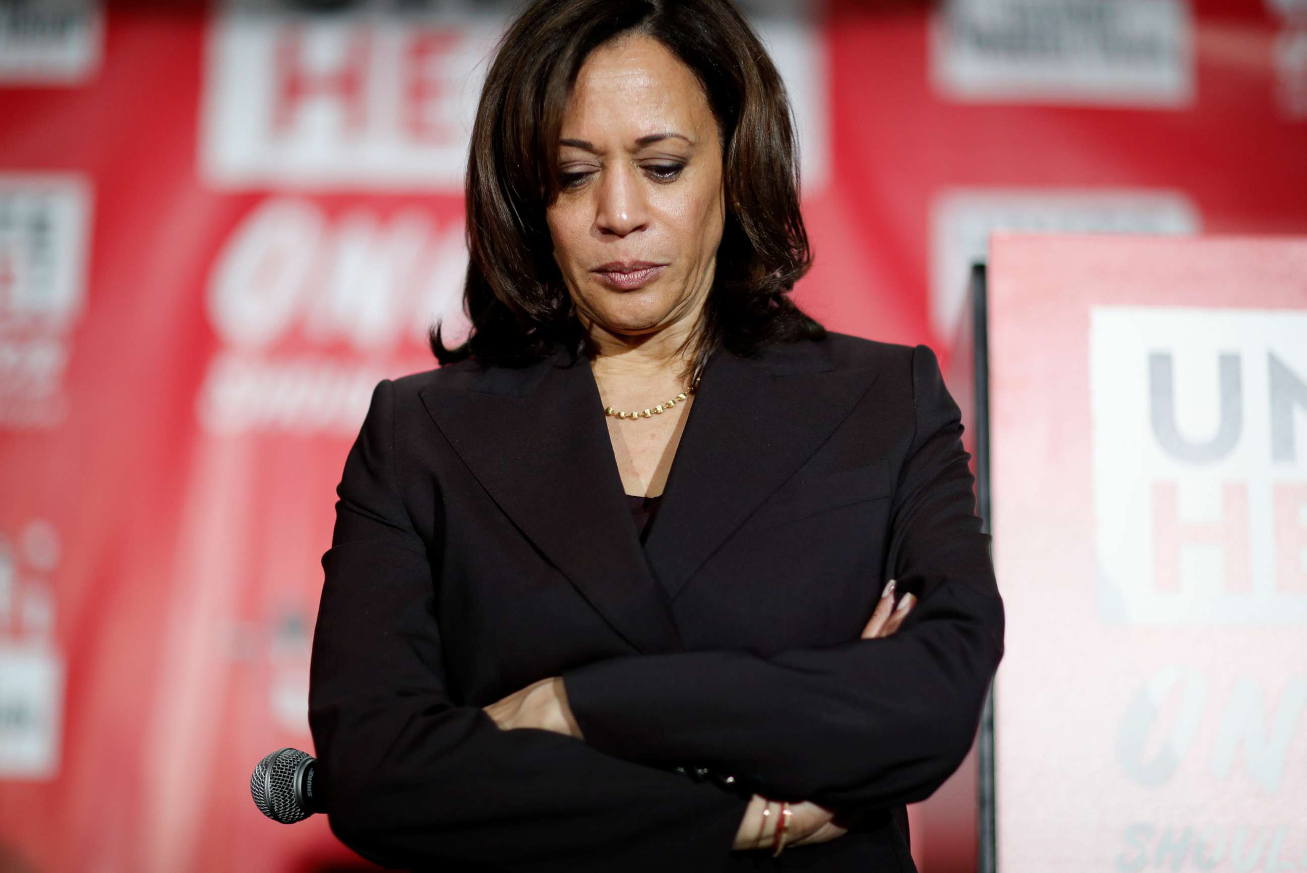 PHOTO: Democratic presidential candidate Sen. Kamala Harris, D-Calif., pauses as she speaks at a town hall event at the Culinary Workers Union, Friday, Nov. 8, 2019, in Las Vegas. 