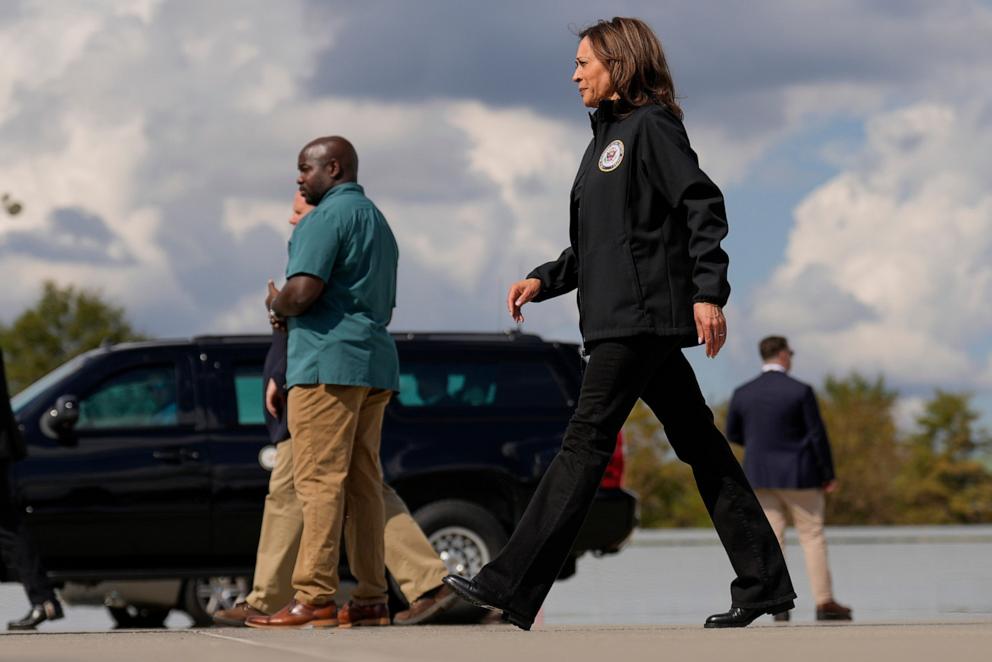 PHOTO: Democratic presidential nominee Vice President Kamala Harris walks to her motorcade vehicle after arriving on Air Force Two at Augusta Regional Airport in Augusta, Ga., Wednesday, Oct. 2, 2024.