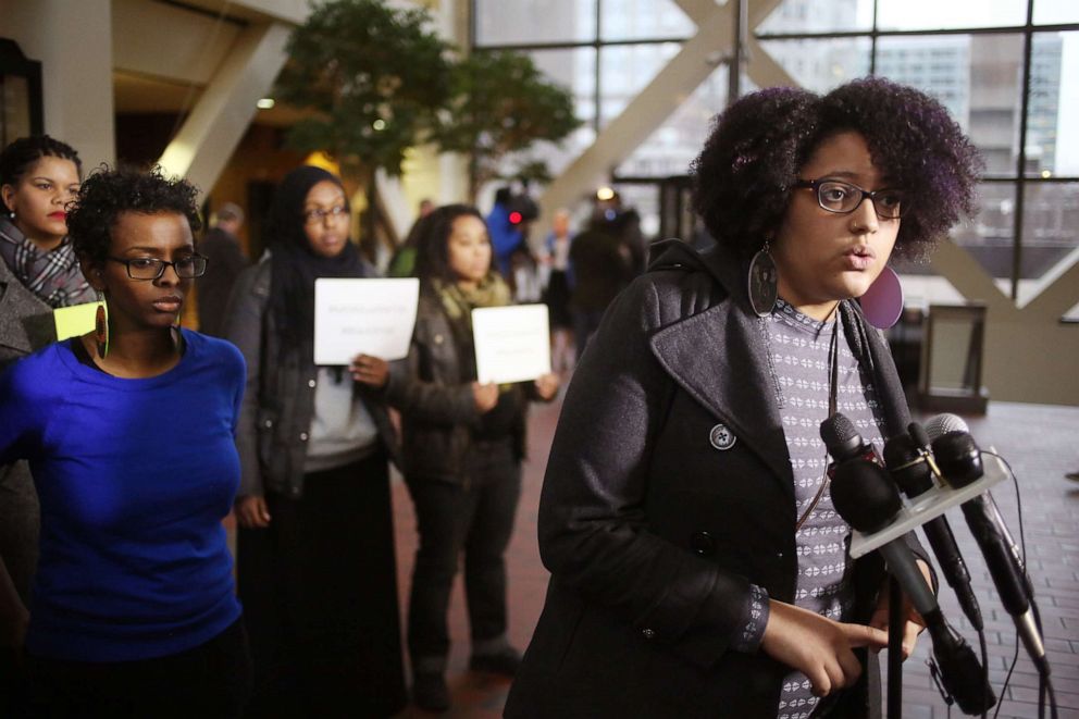 PHOTO: Kandace Montgomery speaks with members of the press, Dec. 21, 2015, after a hearing at the Hennepin County Government Center, in Minneapolis.