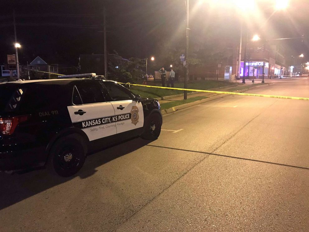 PHOTO: In this image from 41 KSHB Kansas City Action News police work the scene of a shooting outside a Kansas City, Kansas bar, Oct. 6, 2019.