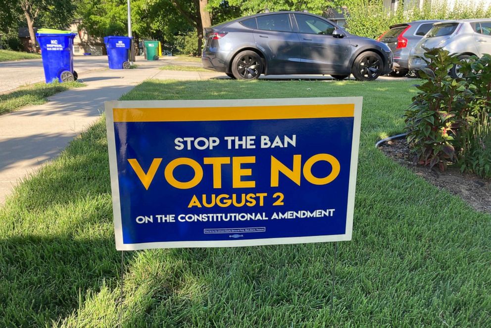 PHOTO: A sign in a yard in Merriam, Kansas, urges voters to oppose a proposed amendment to the Kansas Constitution to allow legislators to further restrict or ban abortion, July 14, 2022.