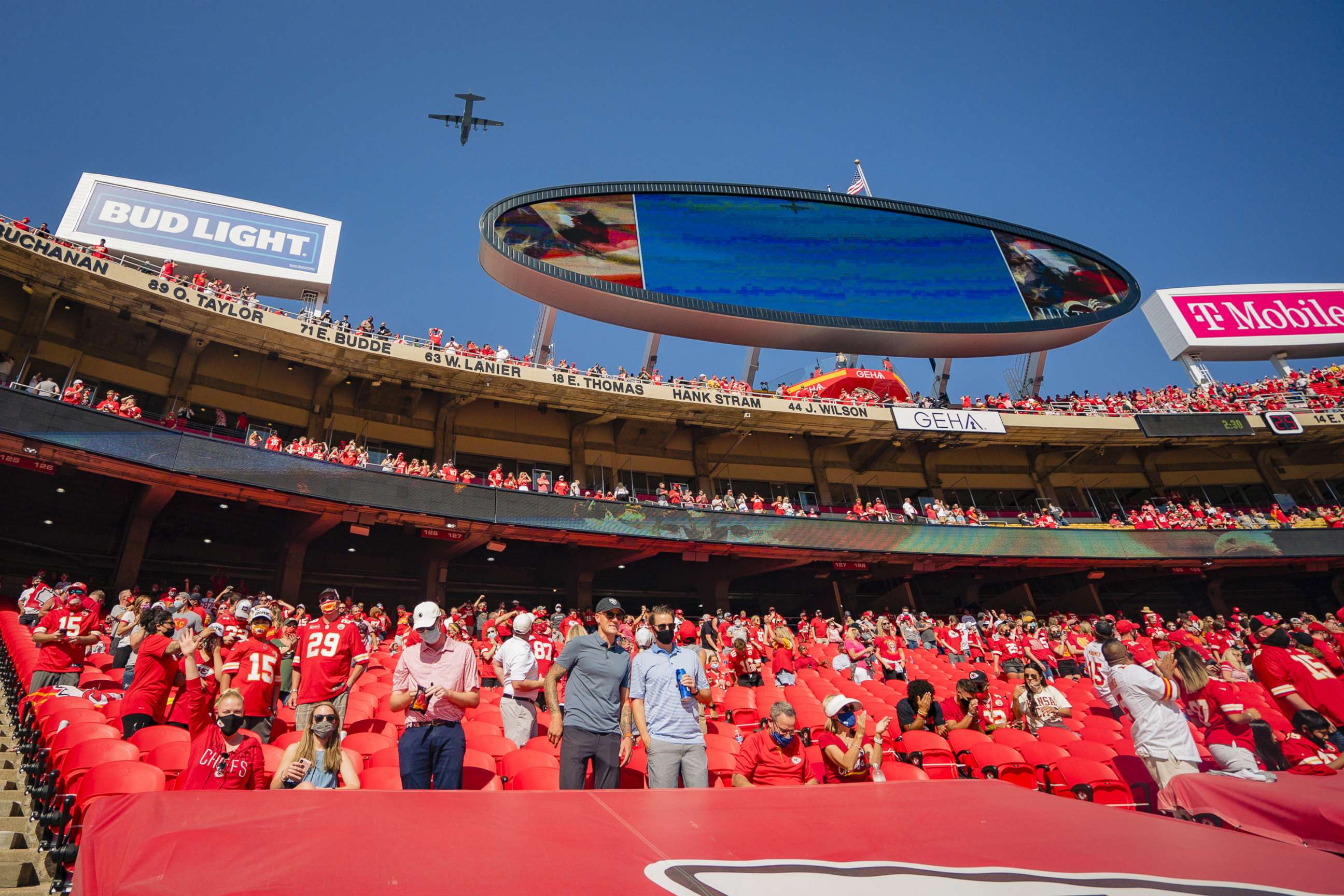 PHOTO: Fans take in a flyover before the Kansas City Chiefs take on the Las Vegas Raiders at Arrowhead Stadium in Kansas City, Mo., Oct. 11, 2020.