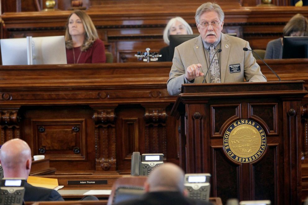 PHOTO: Kansas state Rep. Mike Thompson, R-Bonner Springs, speaks in favor of a bill that would require abortion providers to preserve the lives of infants born during unsuccessful abortions, March 21, 2023, at the Statehouse in Topeka, Kan.