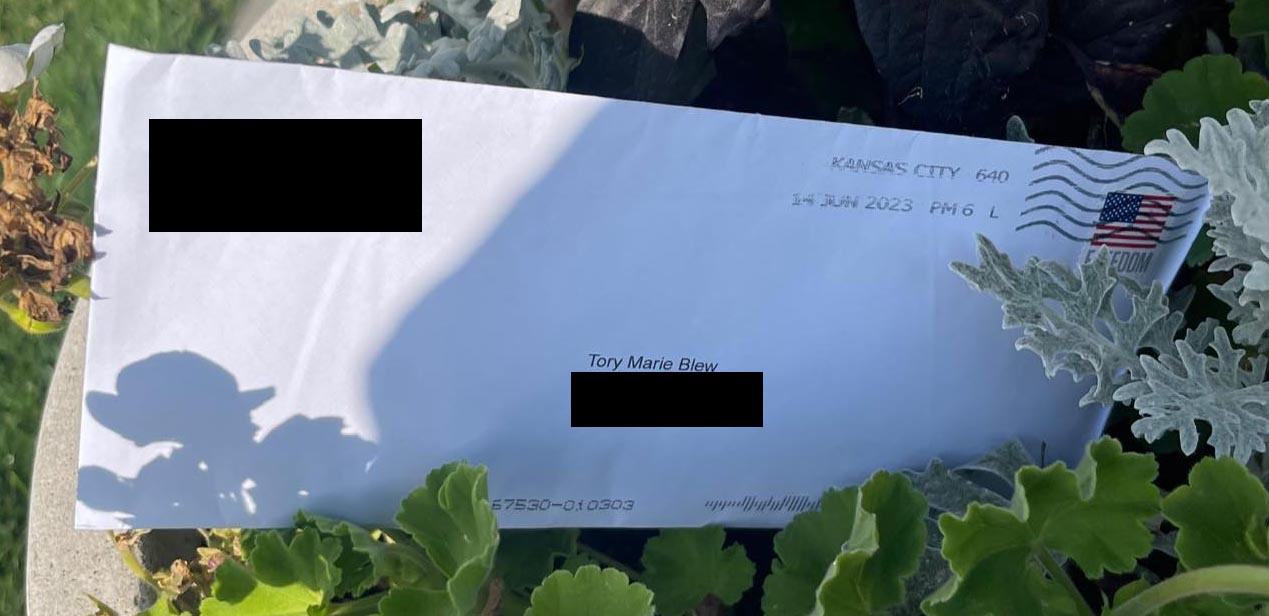 PHOTO: In this image posted to her Facebook account, Kansas state Rep. Tory Marie Blew shows a suspicious letter that was sent to her.