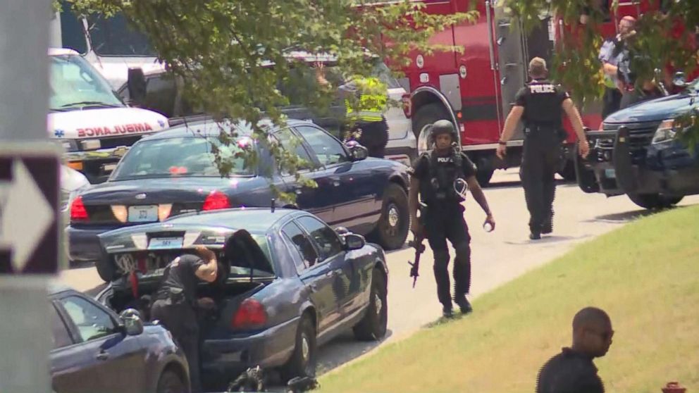 PHOTO: Police on the scene in Kansas City, Mo., July 15, 2018, after several police officers were involved in a shoot-out with a suspect and three officers suffered gun-shot wounds.