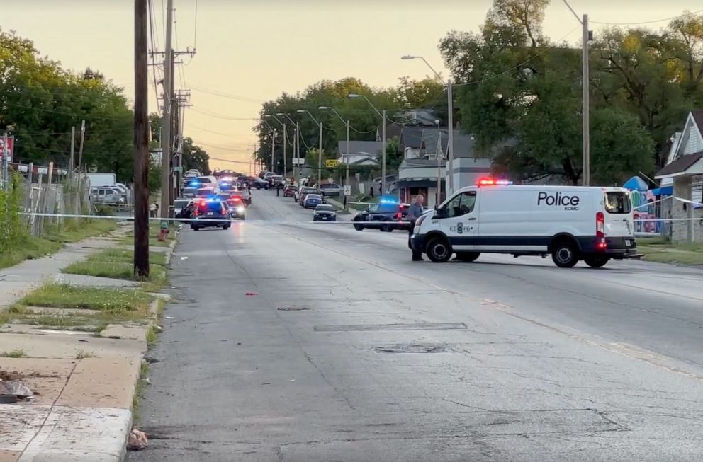 PHOTO: Emergency vehicles respond on June 25, 2023, to a pair of shootings 90 minutes apart in Kansas City, Mo., that caused "multiple deaths, according to the Jackson County Sheriff's Office.