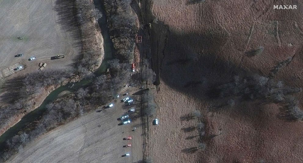 PHOTO: A satellite image shows emergency crews working to clean up the crude oil spill along Mill Creek following the leak at the Keystone Pipeline operated by TC Energy, in Washington County, Kansas, on Dec. 10, 2022.