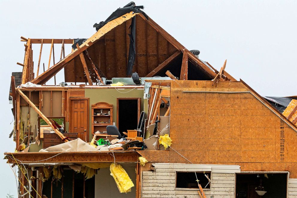 PHOTO: An upstairs room is visible at a damaged house after its walls and ceiling were ripped off when several tornadoes reportedly touched down, in Linwood, Kansas, May 29, 2019.