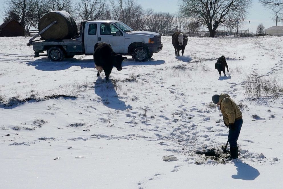 PHOTO: Farmer Randy Cree breaks a hole in the ice for his cattle to drink from on a pond near Big Springs, Kan., Feb. 16, 2021.