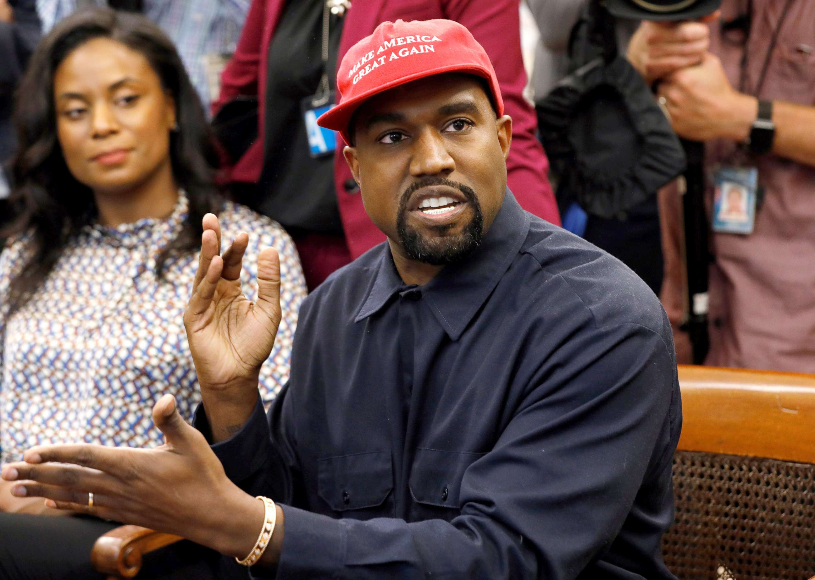 PHOTO: Rapper Kanye West speaks during a meeting with President Donald Trump and others in the Oval Office at the White House in Washington, Oct. 11, 2018.