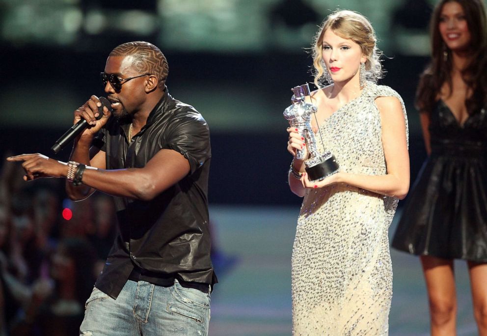 PHOTO: Kanye West jumps onstage after Taylor Swift won the "Best Female Video" award during the 2009 MTV Video Music Awards at Radio City Music Hall on September 13, 2009 in New York City.