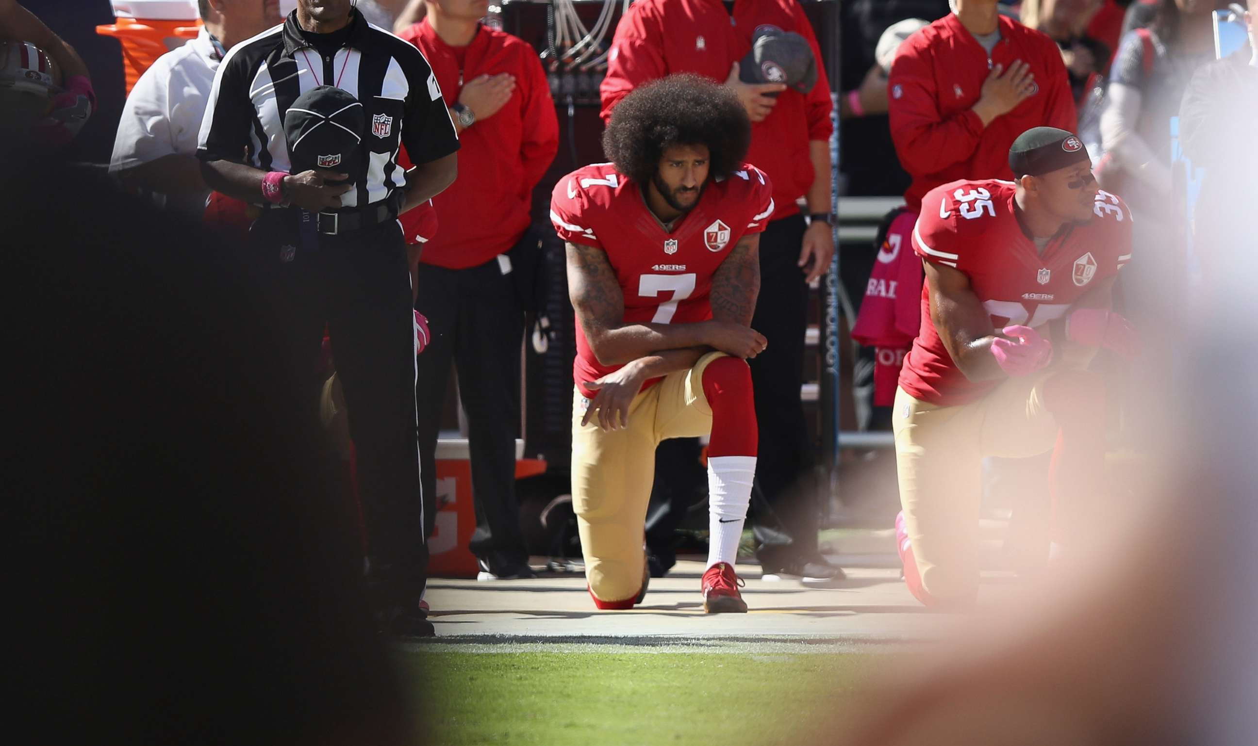 PHOTO: Colin Kaepernick #7 of the San Francisco 49ers kneels for the National Anthem before their game against the Tampa Bay Buccaneers at Levi's Stadium, Oct. 23, 2016, in Santa Clara, Calif.