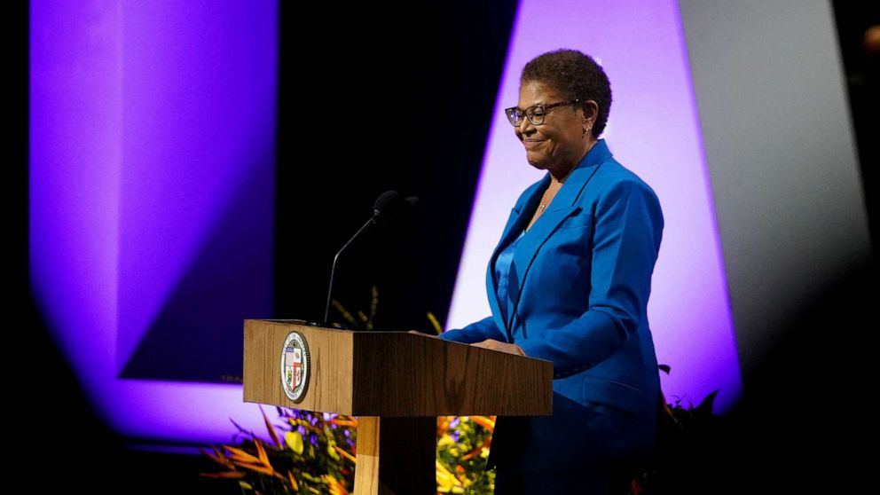  Los Angeles politician  Karen Bass speaks during her swearing successful  ceremonial  successful  Los Angeles  Dec. 11, 2022.