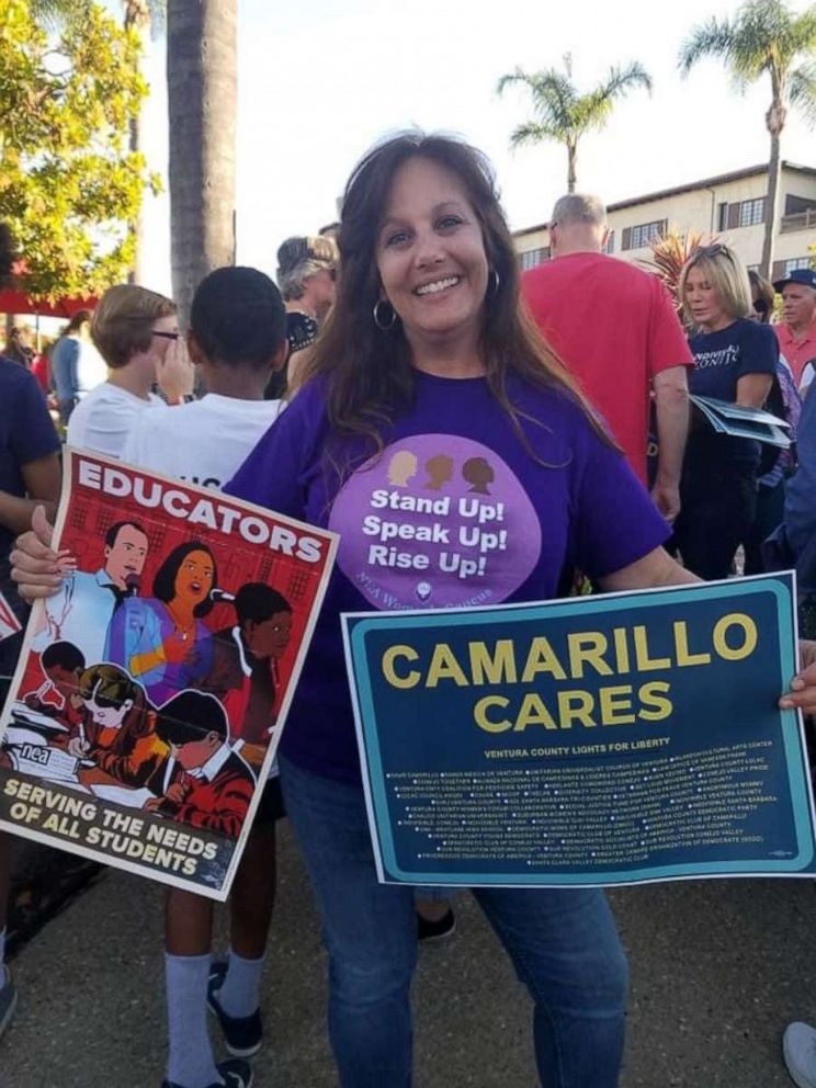 PHOTO: Karen Sher, a public school teacher and mother of three in Oxnard, California, who serves as a trustee and Board President for the Oxnard Union High School District joins a local rally.