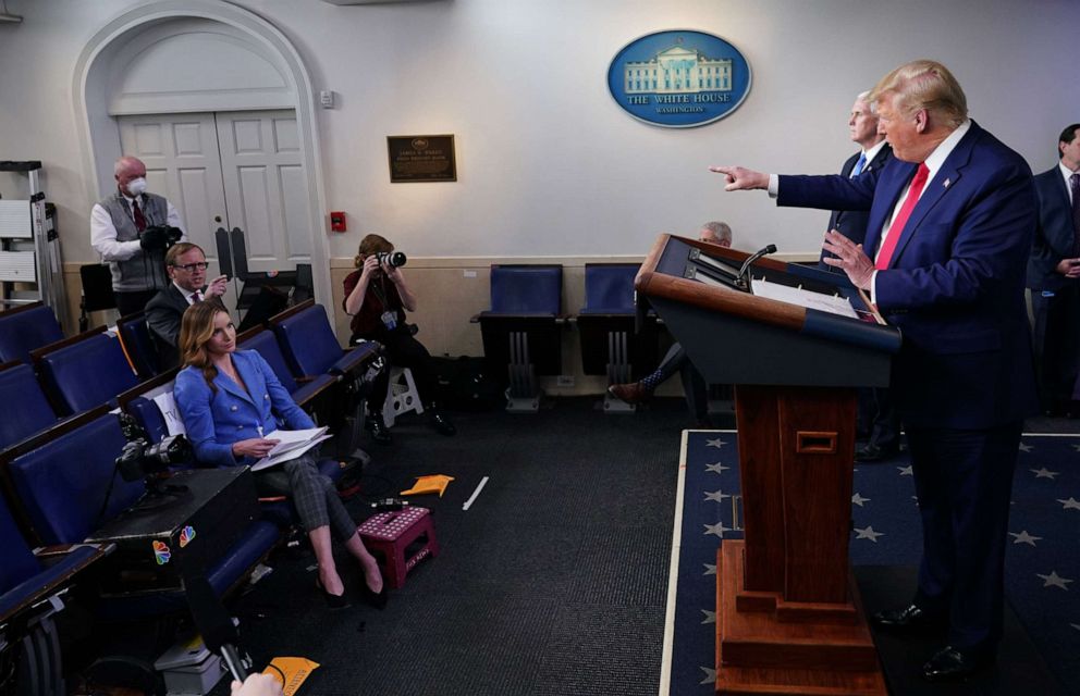 PHOTO: President Donald Trump points to ABC News chief White House correspondent Jonathan Karl during the daily briefing on the novel coronavirus in the Brady Briefing Room at the White House on April 6, 2020, in Washington.