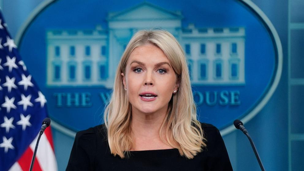 PHOTO: White House press secretary Karoline Leavitt speaks during a press briefing at the White House, June 19, 2025, in Washington. 