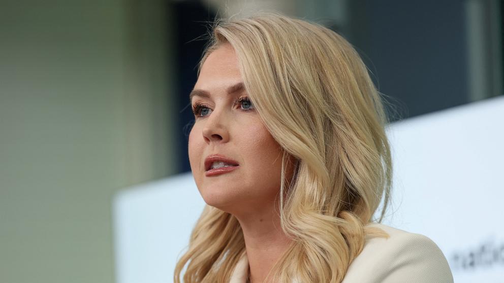 PHOTO: White House Press Secretary Karoline Leavitt speaks to members of the media, in the briefing room at the White House in Washington, April 8, 2025. 