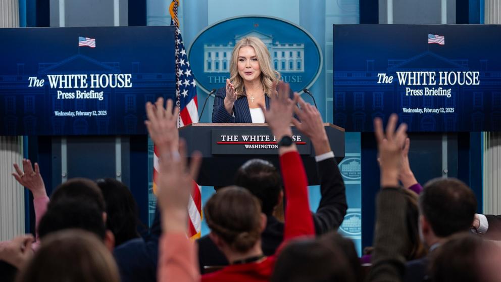 PHOTO: White House Press Secretary Karoline Leavitt holds a press briefing at the White House in Washington, Feb. 12, 2025. 