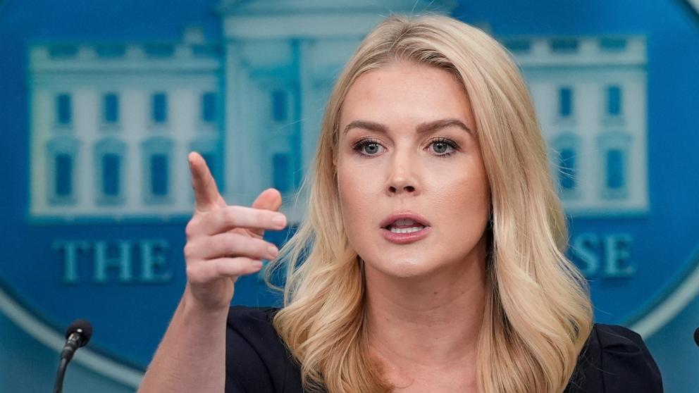 PHOTO: White House press secretary Karoline Leavitt speaks with reporters in the James Brady Press Briefing Room at the White House, April 15, 2025, in Washington. 