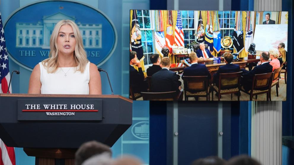 PHOTO: White House Press Secretary Karoline Leavitt speaks during the daily briefing in the Brady Briefing Room of the White House in Washington, August 19, 2025.