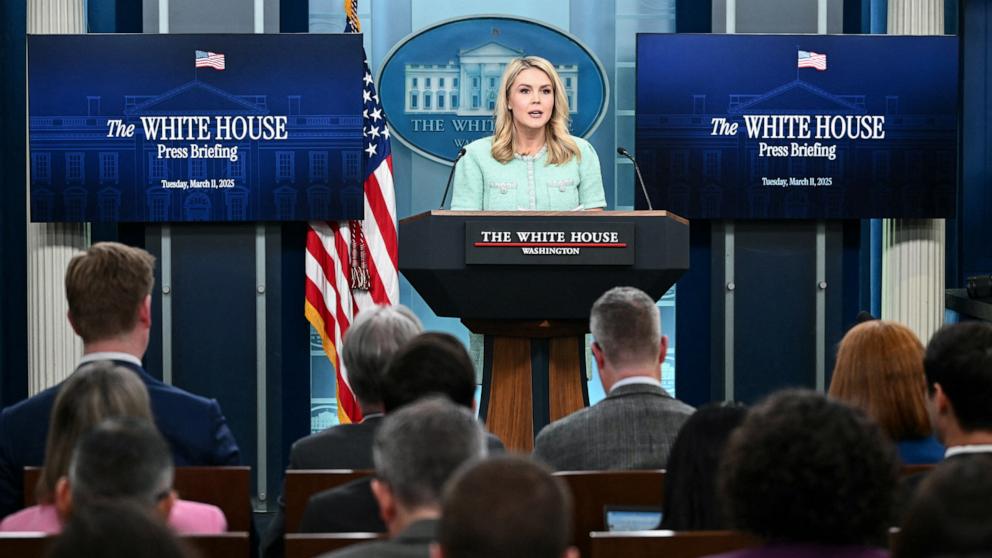 PHOTO: White House Press Secretary Karoline Leavitt speaks during the daily briefing in the Brady Briefing Room of the White House in Washington, Mar. 11, 2025.