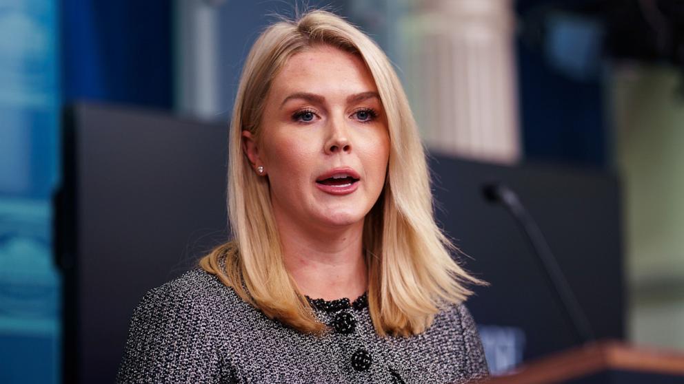 PHOTO: White House press secretary Karoline Leavitt speaks with reporters in the James Brady Press Briefing Room at the White House, April 11, 2025, in Washington.