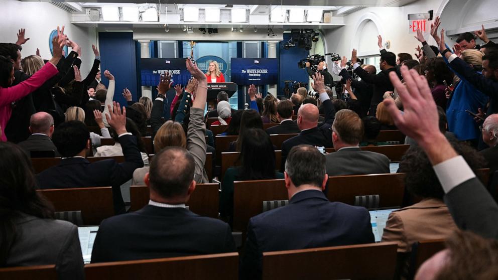 PHOTO: White House Press Secretary Karoline Leavitt speaks during the daily briefing in the Brady Briefing Room of the White House in Washington, Feb. 25, 2025.
