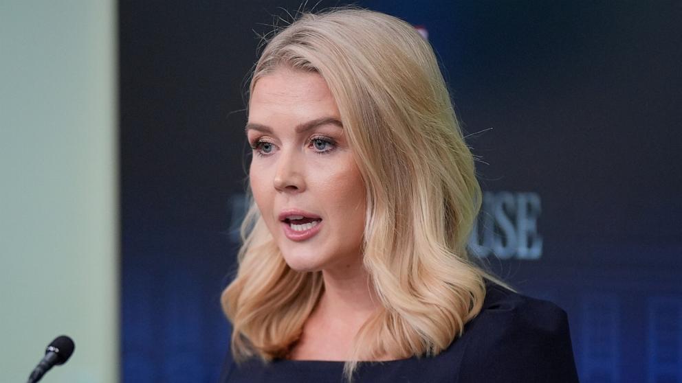 PHOTO: White House press secretary Karoline Leavitt speaks with reporters in the James Brady Press Briefing Room at the White House, April, 15, 2025, in Washington.