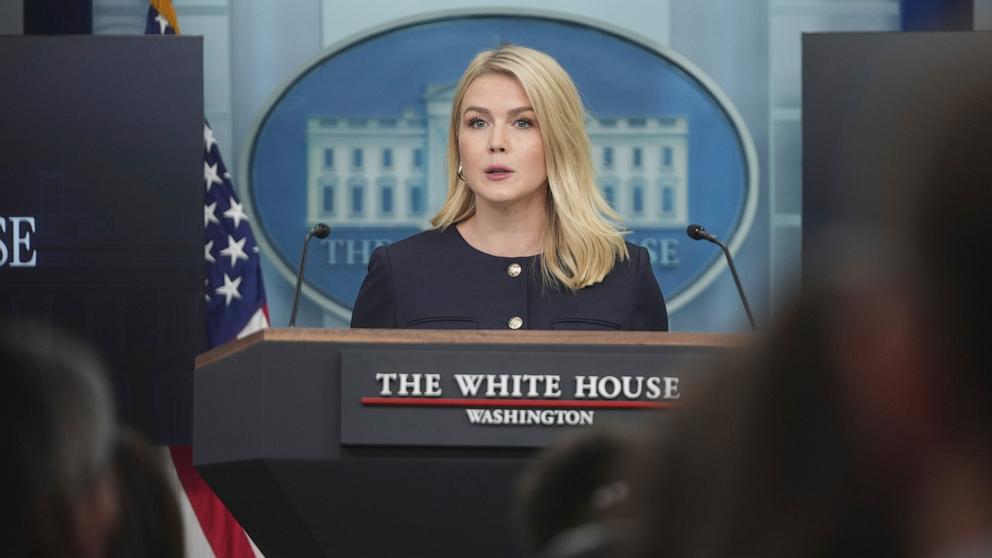 PHOTO: White House Press Secretary Karoline Leavitt speaks during the daily briefing in the Brady Briefing Room of the White House in Washington, April 22, 2025.
