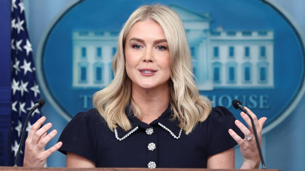 PHOTO: White House press secretary Karoline Leavitt speaks with reporters in the James Brady Press Briefing Room at the White House, Aug. 12, 2025, in Washington.