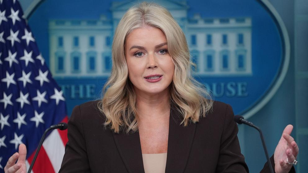 PHOTO: White House press secretary Karoline Leavitt speaks at a press briefing in the James Brady Press Briefing room at the White House, Oct. 6, 2025, in Washington.