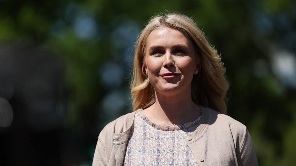 PHOTO: White House Press Secretary Karoline Leavitt speaks to members of the news media outside of the White House, after doing a live TV appearance, in Washington, April 23, 2025.