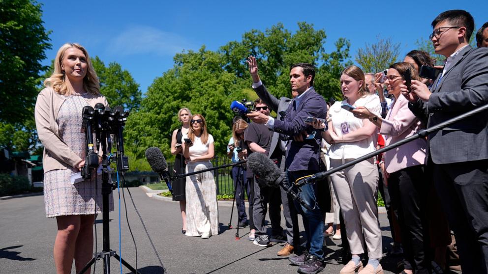 PHOTO: White House Press Secretary Karoline Leavitt speaks to members of the news media outside of the White House, after doing a live TV appearance, in Washington, April 23, 2025.