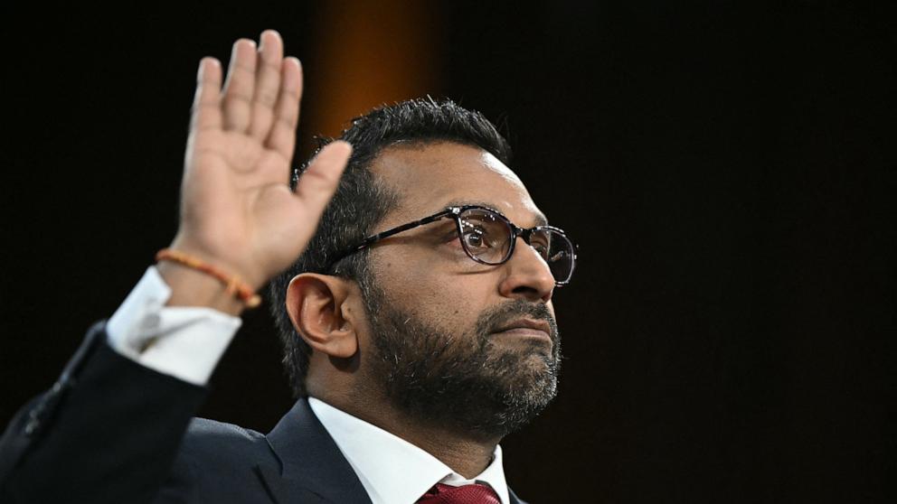 PHOTO: Kash Patel is sworn in during a Senate Judiciary Committee hearing on his nomination to be FBI Director, on Capitol Hill in Washington, Jan. 30, 2025. 