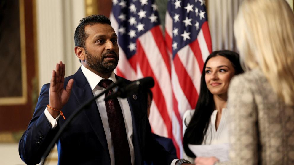 PHOTO: Kash Patel is sworn in as FBI director by Attorney General Pam Bondi in the Indian Treaty Room in the Eisenhower Executive Office Building on the White House campus in Washington, Feb. 21, 2025.
