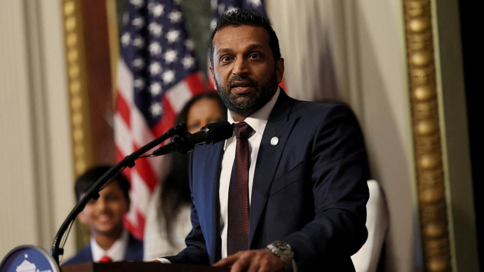 PHOTO: Kash Patel speaks after being sworn in as FBI director by U.S. Attorney General Pam Bondi in the Indian Treaty Room in the Eisenhower Executive Office Building on the White House campus in Washington, Feb. 21, 2025.