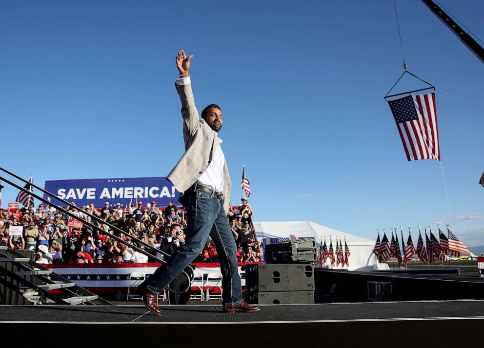PHOTO: FILE - Former Chief of Staff to the Department of Defense Kash Patel greets the crowd during a campaign rally at Minden-Tahoe Airport, Oct. 08, 2022 in Minden, Nevada.