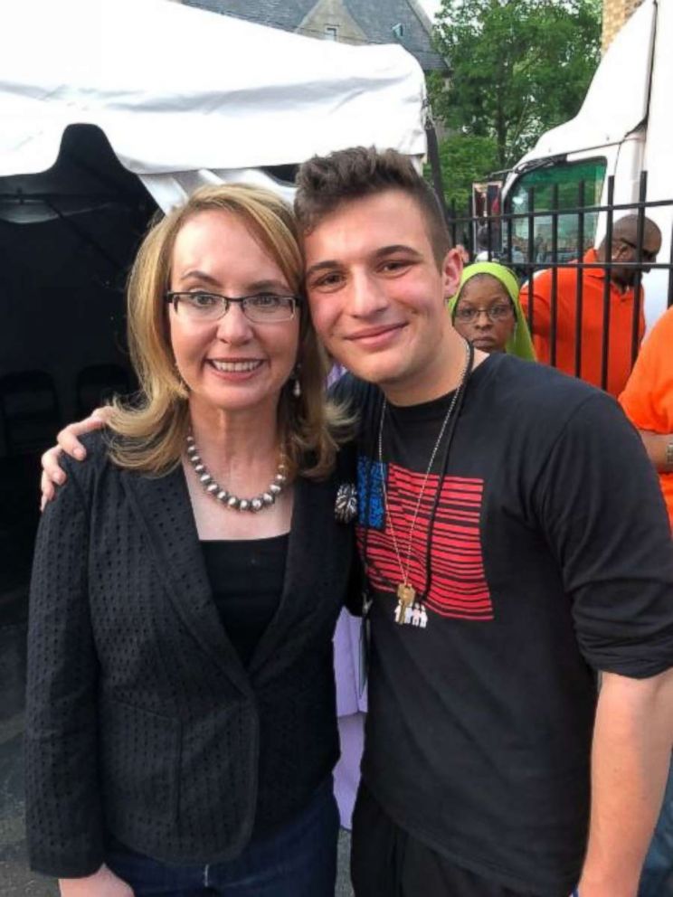 Parkland student organizer Cameron Kasky poses with former Rep. Gabby Giffords during the peace march on Friday, June 15, 2018.