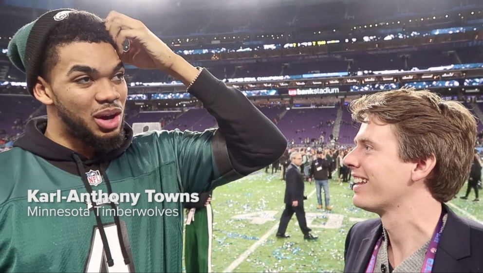 PHOTO:ABC News' Michael Koenigs talks to NBA All-Star and Philadelphia Eagles fan Karl-Anthony Towns after Super Bowl LII in Minneapolis. 