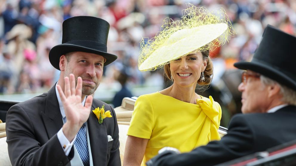 PHOTO: Prince William, Prince of Wales and Catherine, Princess of Wales smile and wave as they attend day two of Royal Ascot 2026 at Ascot Racecourse, June 17, 2026 in Ascot, England. 