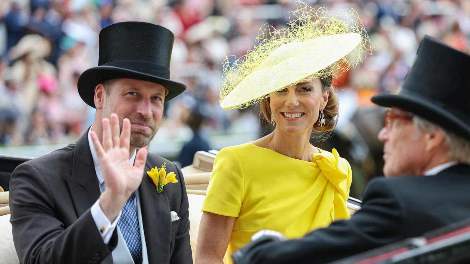 PHOTO: Prince William, Prince of Wales and Catherine, Princess of Wales smile and wave as they attend day two of Royal Ascot 2026 at Ascot Racecourse, June 17, 2026 in Ascot, England.