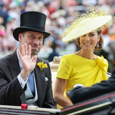 PHOTO: Prince William, Prince of Wales and Catherine, Princess of Wales smile and wave as they attend day two of Royal Ascot 2026 at Ascot Racecourse, June 17, 2026 in Ascot, England. 