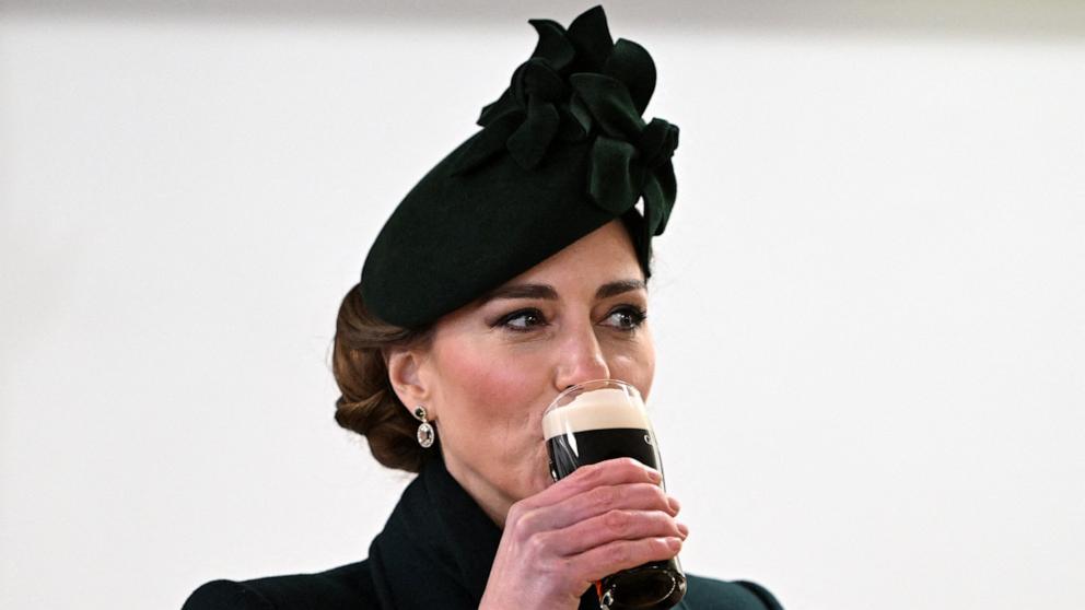 PHOTO: Britain's Catherine, Princess of Wales takes a sip of Guinness during her visit to Wellington Barracks, in central London, Mar. 17, 2025.