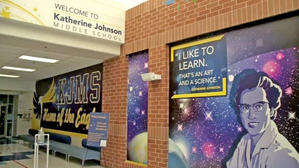 PHOTO: The former Sidney Lanier Middle School in Fairfax County, Va., has been renamed Katherine Johnson Middle School. The new name and quotes from Ms. Johnson are pictured here in an image taken from ABC News affiliate WJLA video.