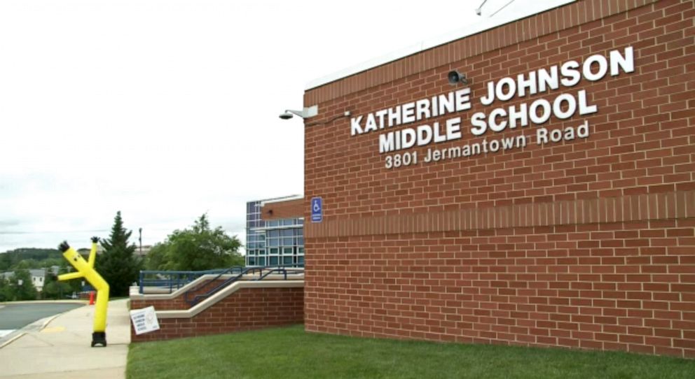 PHOTO: The former Sidney Lanier Middle School in Fairfax County, Va., has been renamed Katherine Johnson Middle School. The new name, displayed in the school building is pictured in an image from ABC News affiliate WJLA video.