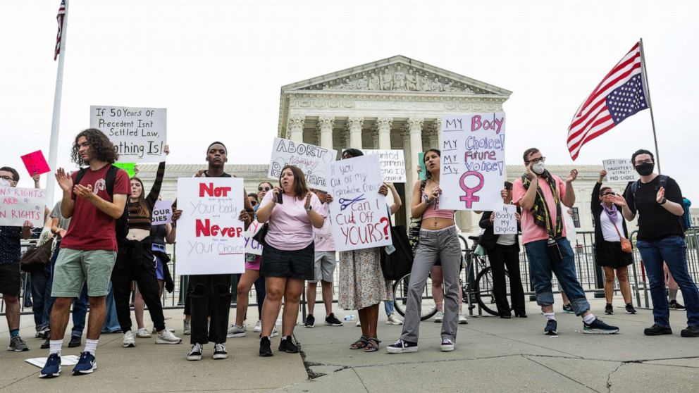 PHOTO: Abortion rights demonstrators outside the U.S. Supreme Court in Washington, May 4, 2022. 