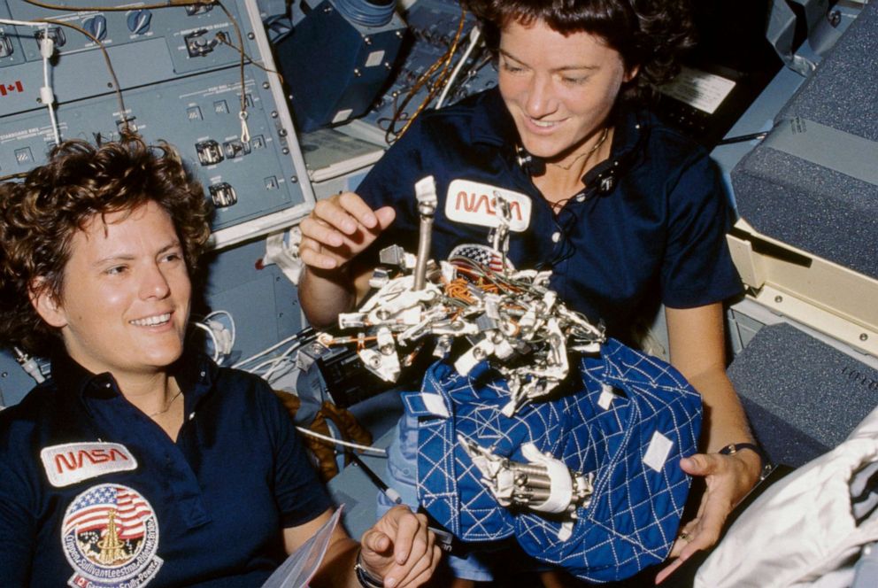 PHOTO: Astronauts Kathryn D. Sullivan, left, and Sally K. Ride are pictured in orbit aboard the Space Shuttle Challenger in October 1984.