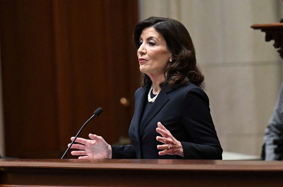 PHOTO: New York Gov. Kathy Hochul delivers her State of the State address in the Assembly Chamber at the state Capitol, on Jan. 10, 2023, in Albany, N.Y.