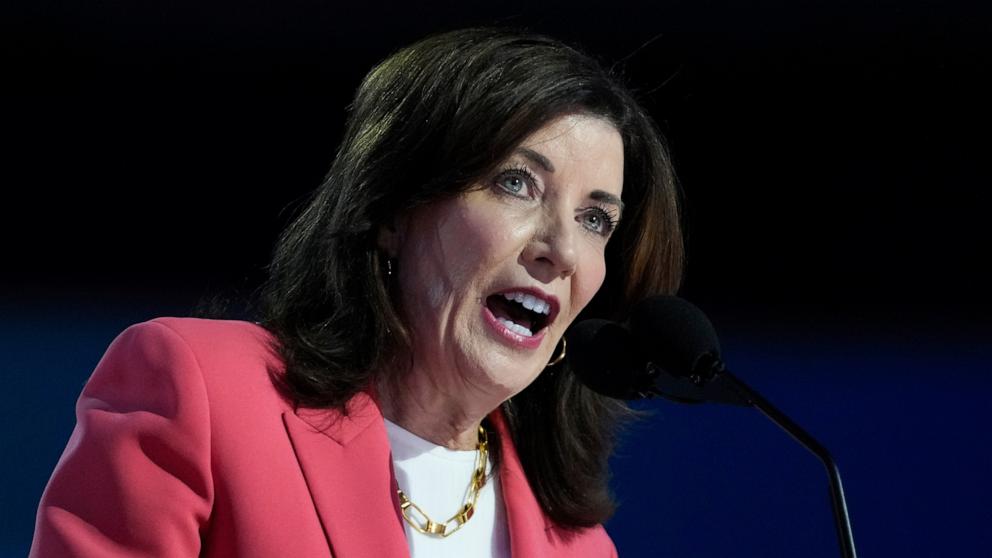 PHOTO: New York Gov. Kathy Hochul speaks during the Democratic National Convention in Chicago, Aug. 19, 2024.