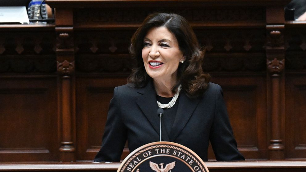 PHOTO: New York Gov. Kathy Hochul delivers her State of the State address in the Assembly Chamber at the state Capitol, on Jan. 10, 2023, in Albany, N.Y.